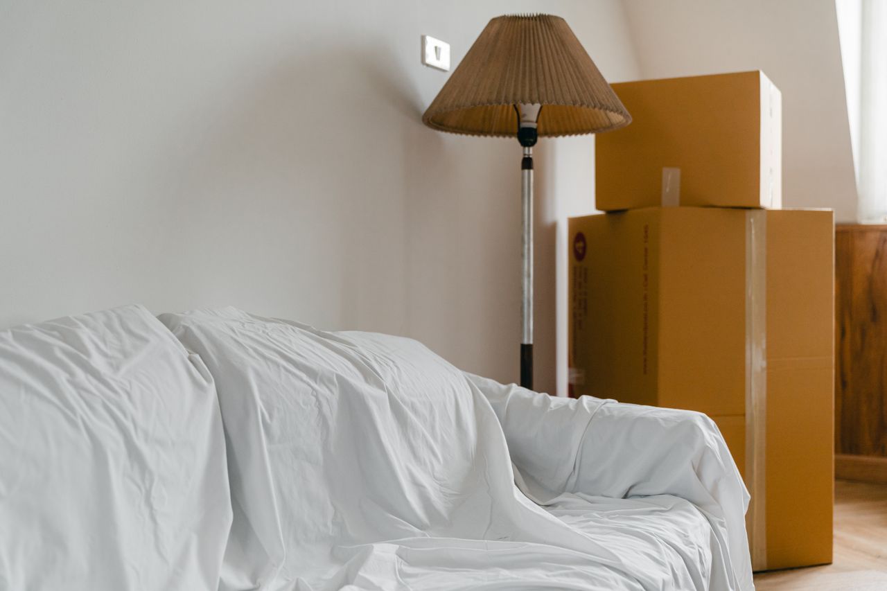 our-value Covered with sheet sofa and floor lamp and packed cardboard boxes in light spacious room of new contemporary house